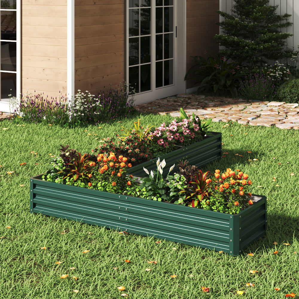 Dark green L-shaped metal garden raised bed – waterproof planter for outdoor use, ideal for vegetables and flowers